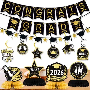 Ensemble Décoration Fête Graduation Noir Or Bannière Congrats Grad Spirales Suspendues Centres Table Nid Abeille Ballons Latex
