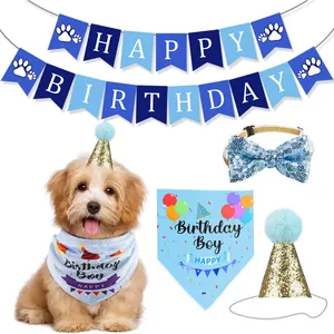 Detailed set of blue pet birthday accessories including glittery hat, bowtie and banner
