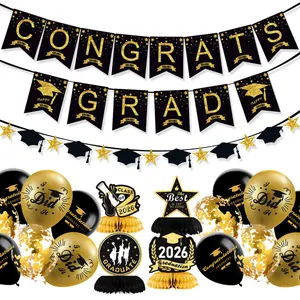 Kit décoration de fête remise de diplôme 2026 noir et or avec bannière et ballons