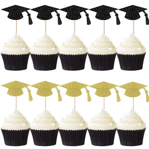24 tlg. Set Cupcake-Aufsätze mit schwarzem und goldenem Glitzer für Abschlussfeiern