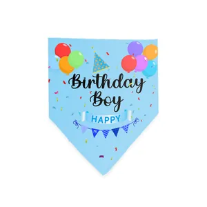 Light blue pet birthday bandana with Birthday Boy text and colorful party balloons