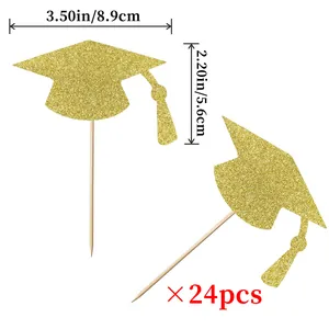 Details zu den 8,9x5,6 cm großen glitzernden Gold-Abschlusshut-Cupcake-Toppern im 24er Set