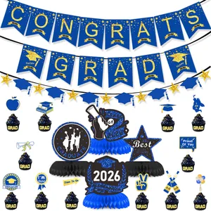 Detailed set of 2026 graduation party decorations with banners and honeycomb ornaments