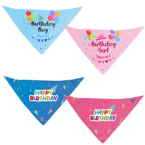 Dog birthday party set with blue and pink triangle bandanas and festive slogans