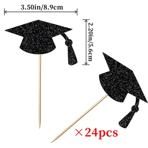 24er-Set schwarzer Glitzer-Doktorhut Cupcake-Topper für die Dekoration der Abschlussfeier