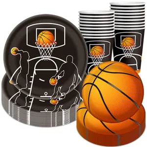 Basketball Theme Disposable Party Tableware Paper Plates Cups Plastic Knives Forks Spoons Sports Birthday Party Decoration