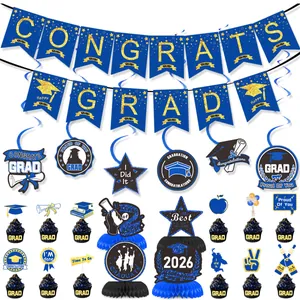 2026 Graduation Party Decoration Set Congrats Grad Banner Navy Blue Gold Spiral Hanging Swirls Honeycomb Centerpieces Supplies