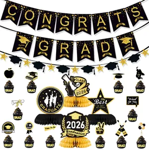 Kit déco remise de diplôme 2026 avec bannières pailletées noir et or et alvéoles