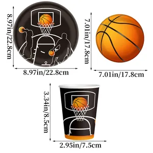 Basketball theme party supplies set with dimensions for plates and paper cups