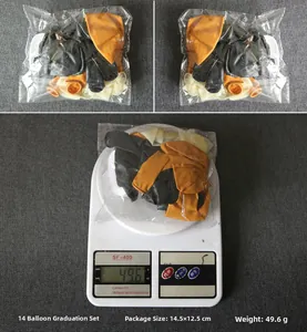 Detail view of 14pcs graduation balloon set in packaging showing size and 49.6g weight