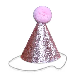Pink sequin pet party hat with plush pompom and elastic strap for dog birthday