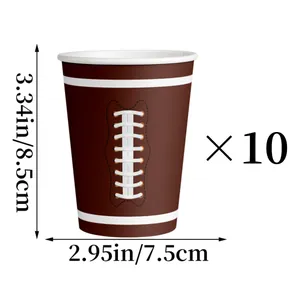 Set of 10 American football theme party paper cups with white stitching pattern and sizes