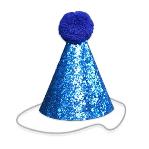 Close-up of sparkling blue pet party hat with glitter finish and navy blue pom-pom