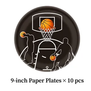 Set of 10 basketball themed 9-inch paper plates featuring orange ball and player silhouettes