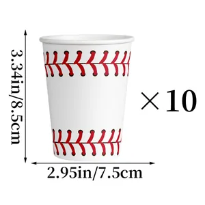 Set di 10 bicchieri di carta per feste di baseball con motivo a cuciture rosse e misure