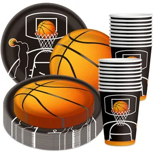 Detailed view of stacked basketball theme party paper plates and cups with dunk silhouette