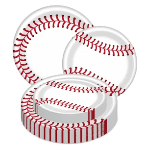 Set di piatti di carta usa e getta a tema baseball con design a cuciture rosse sport