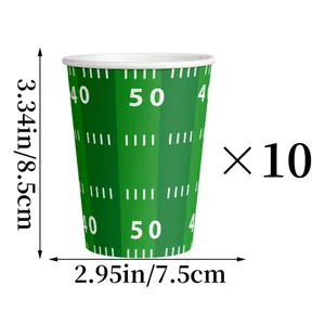 Detailed size view of football field themed paper cups for sports party decorations