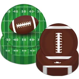 American football themed party paper plates with field yard lines and ball texture design