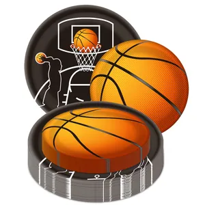 Detailed view of disposable basketball themed paper plates with orange ball texture and player silhouette