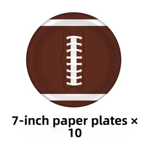 Macro view of 7-inch American football themed paper plates in a set of 10 pieces