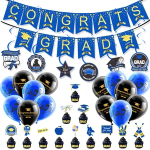 Blue Gold Graduation Decoration Collection Banners Balloons Toppers Congrats Grad Spiral Hanging Swirls For School Party Supplies