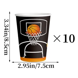 Detail view of basketball theme disposable paper cups with size dimensions and 10pcs count