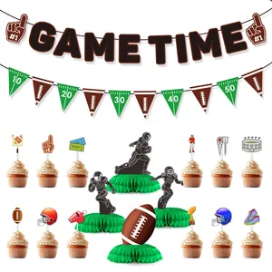 American football party decoration set with Game Time banner and themed cupcake toppers