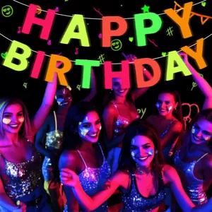 Neon Happy Birthday banner for glow party decor with fluorescent multicolor letters
