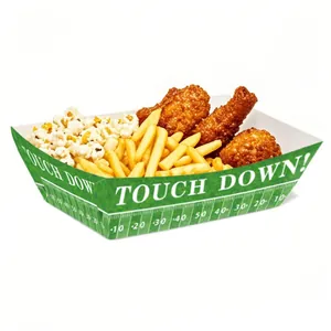Detail of football snack tray with green grass print and Touch Down text for party food