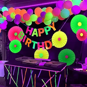 Neon Happy Birthday party set with fluorescent banners, balloons and paper fans