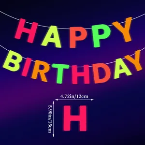 Detailed size chart showing 12x15cm neon Happy Birthday banner letters on purple background