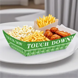 Green football themed paper snack tray with Touch Down print for game day party food