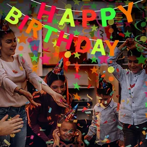 Neon Happy Birthday banner with fluorescent star garlands and colorful party hats set