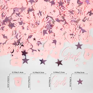 Gender reveal party confetti set with pink girl letters and star shapes for baby shower