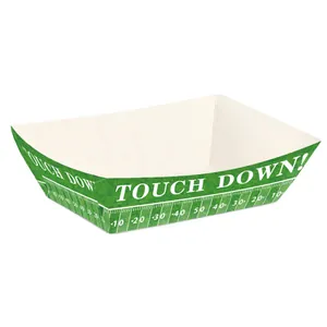 Detail of football-themed food trays with green turf design and Touch Down text