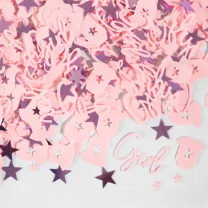 Pink and purple gender reveal party confetti with Girl text and star shapes