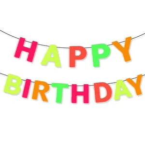 Neon Happy Birthday banner with colorful neon letters for glow party decorations