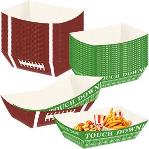 Detail view of football themed paper food trays with stadium design and touchdown text