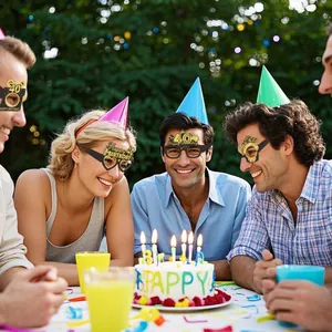 Group of friends wearing black and gold Happy 40th Birthday paper glasses at a party