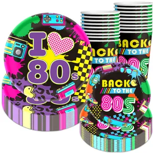 80s retro party tableware set featuring neon plates and cups with vintage radio designs