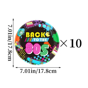 Detail view of 7.01-inch 80s retro paper plates featuring neon disco party design 10-pack
