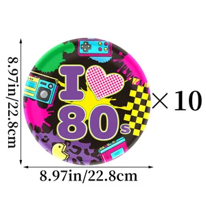Detail of 10-piece 8.97-inch retro 80s paper plates with vintage radio and pixel art