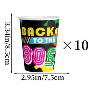 Detail of 80s party disposable cups showing 8.5cm height and graffiti print design
