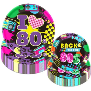 Neon 80s themed party paper plates set featuring retro boombox and cassette prints