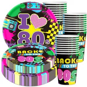 80s retro themed disposable party tableware set with neon boombox and skating motifs