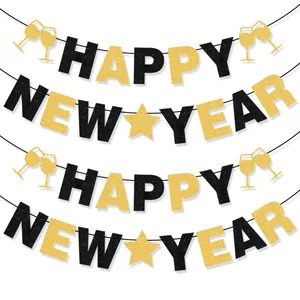 Elegantes Schwarz und Gold Happy New Year Glitzer Banner mit Sektglas Akzenten