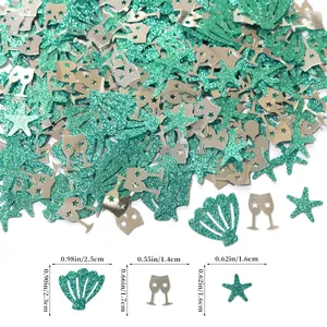 Confeti de fiesta con forma de estrella de mar y concha en verde menta y plateado