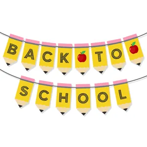 Back to school banner with yellow pencil shaped flags and red apple decorations