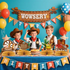 Western cowboy themed party centerpieces with brown honeycomb base and festive motifs